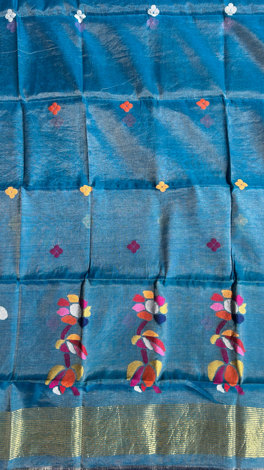 Blue paithani muslin jamdani 2pc set - unstitched