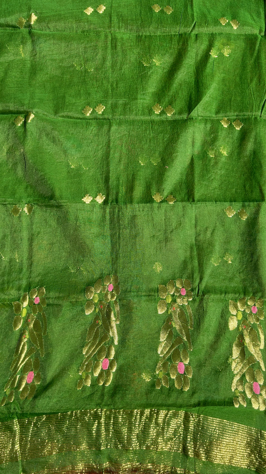 Parrot Green paithani muslin jamdani 2pc set - unstitched