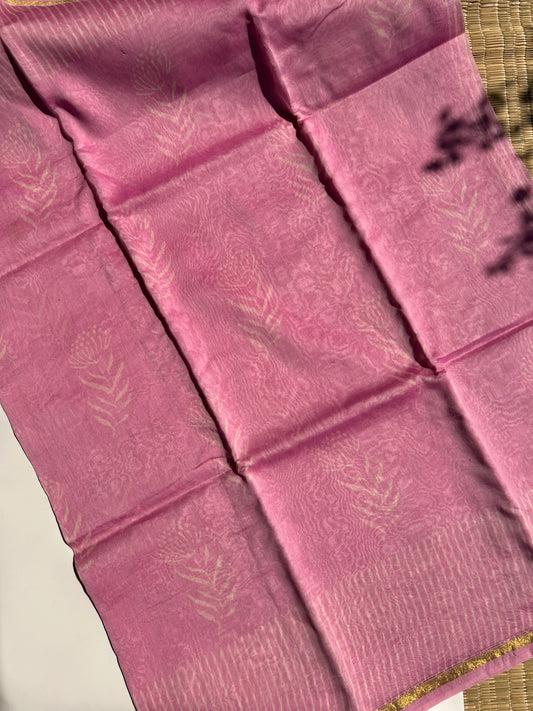 Rose pink Chanderi silk saree with small white florals