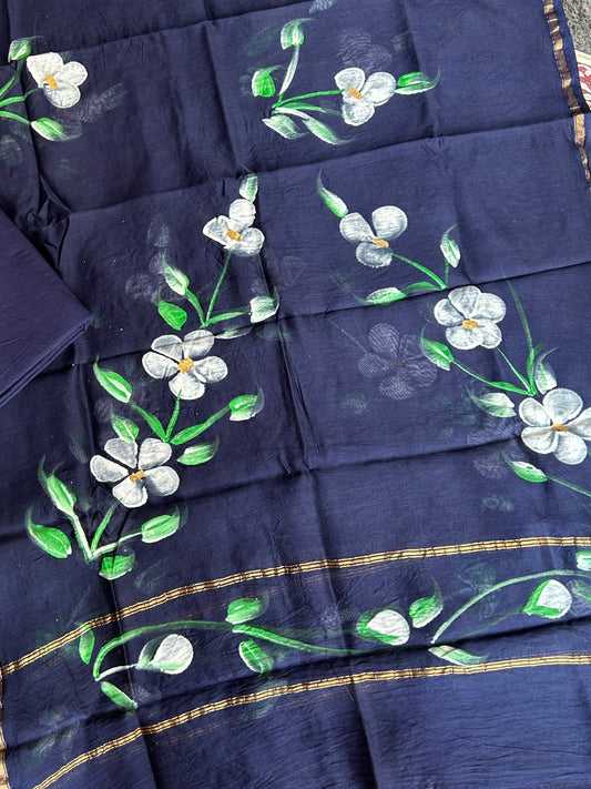 Dark Blue Chanderi silk suit set - unstitched