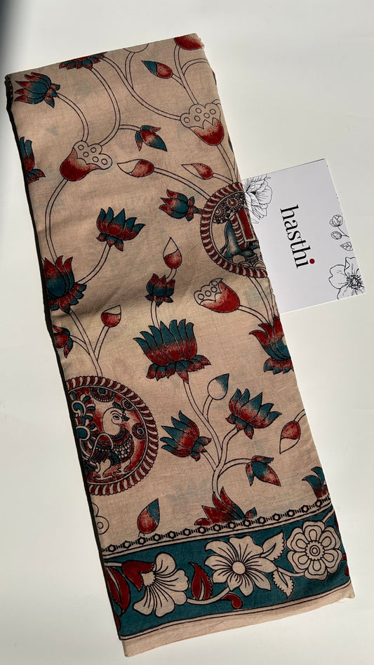 Beige floral kalamkari pure cotton saree-2