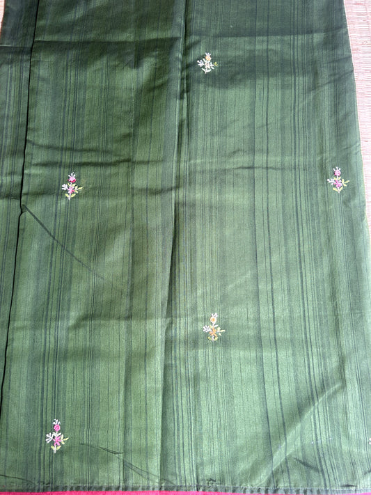Bottle green floral soft Tussar saree - hand embroidery