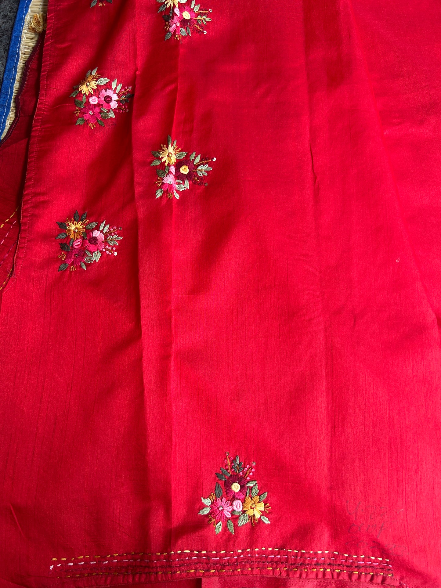 Red floral soft Tussar saree - hand embroidery