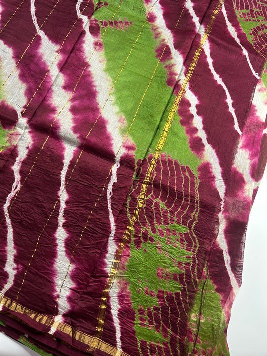 Green & beetroot pink shibori Chanderi silk saree