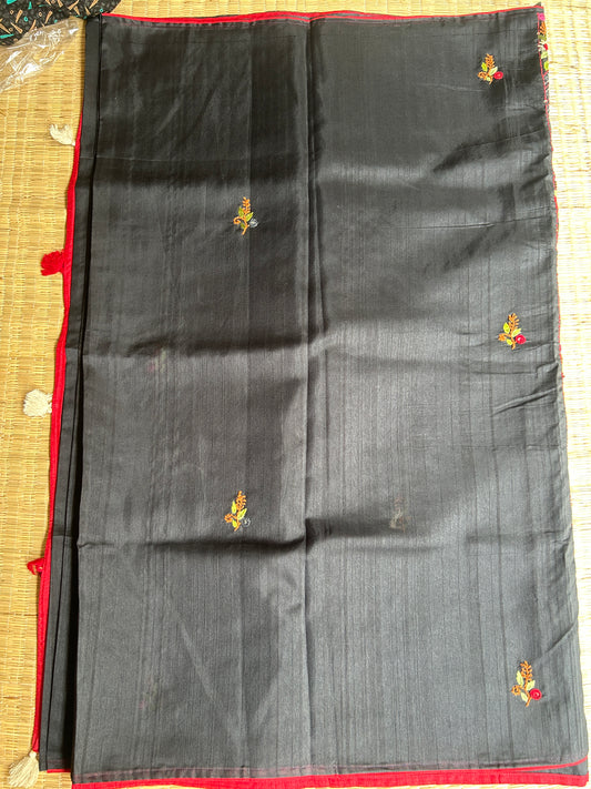 Black floral soft Tussar saree - hand embroidery