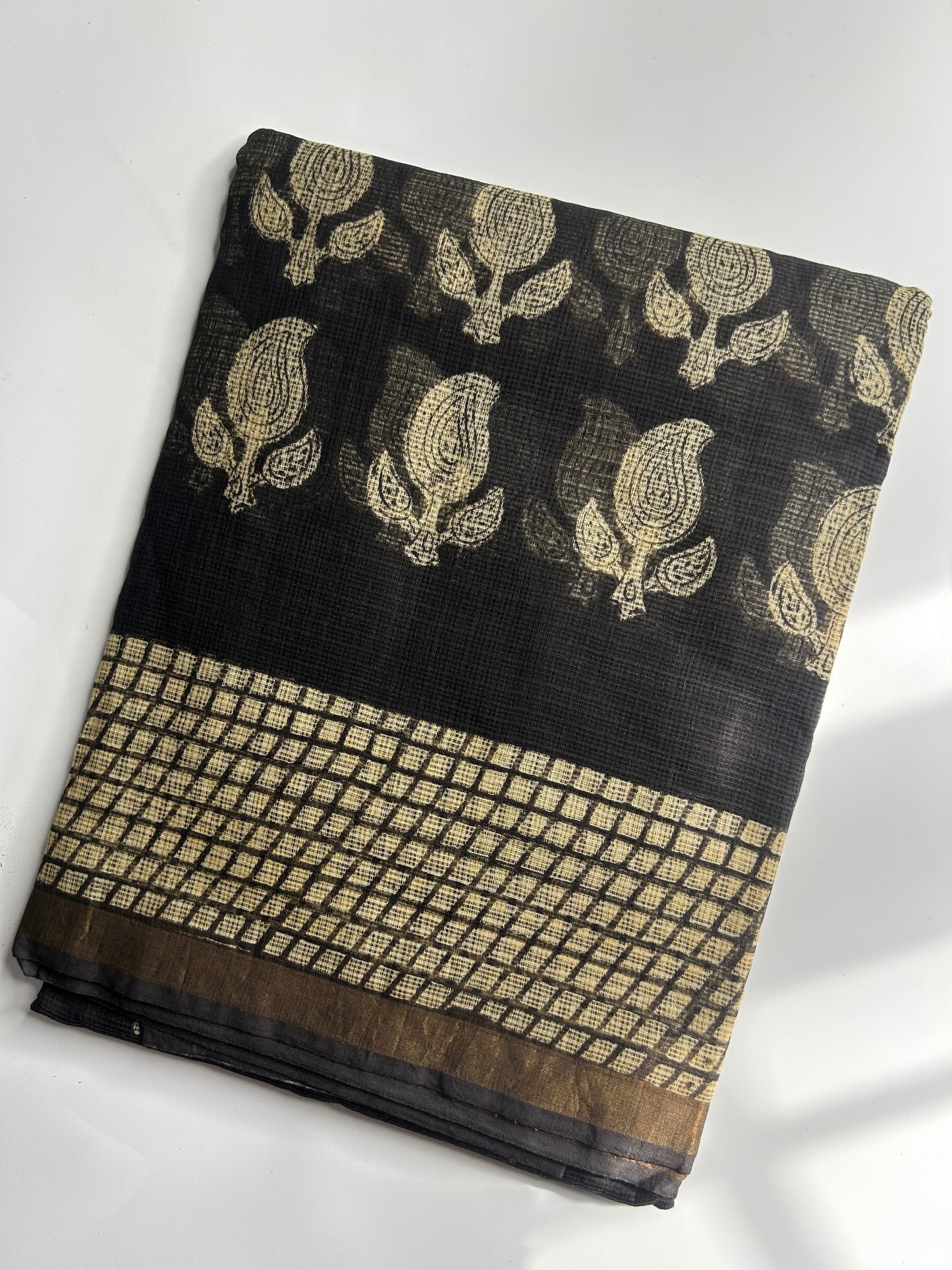 Black Kota doria saree with cream motifs