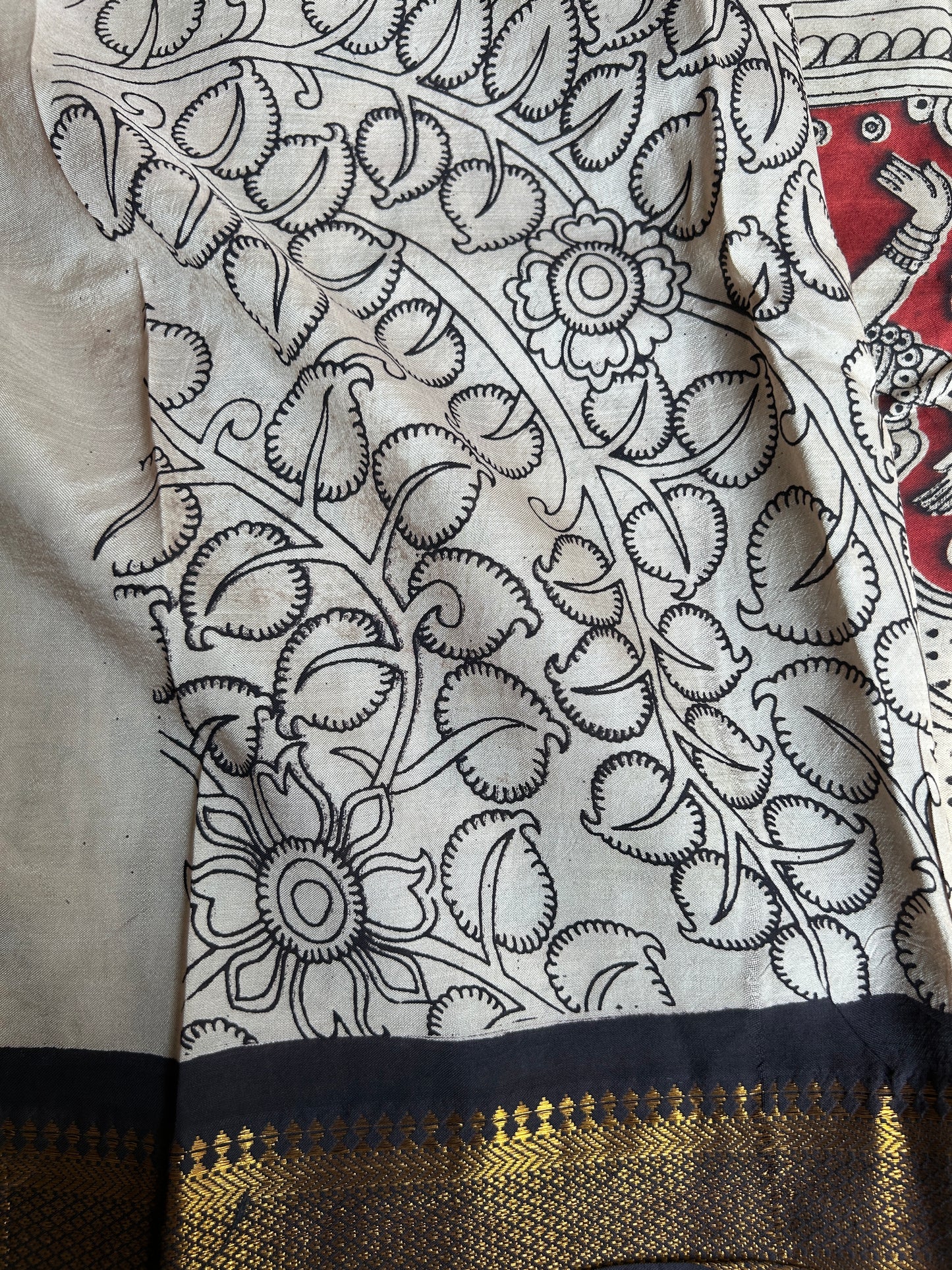 Maroon red chennur silk kalamkari saree with Nizam border