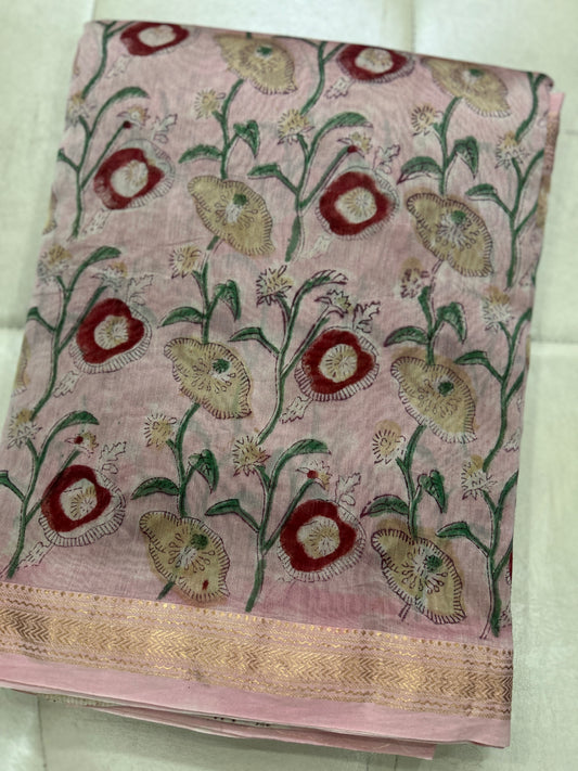 Peach floral Maheshwari silk saree