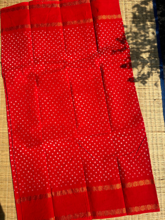 Orange red 120 count wax sungudi cotton saree (single dot)