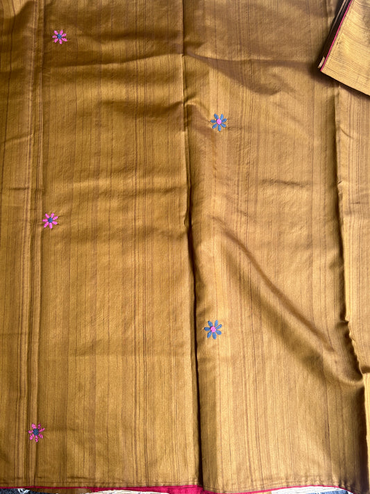 Methi Yellow floral soft Tussar saree - hand embroidery