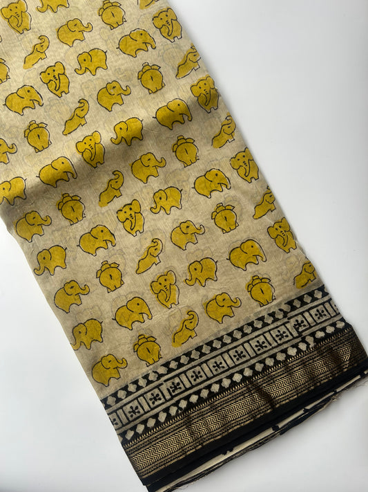 Yellow Elephants Maheshwari silk saree