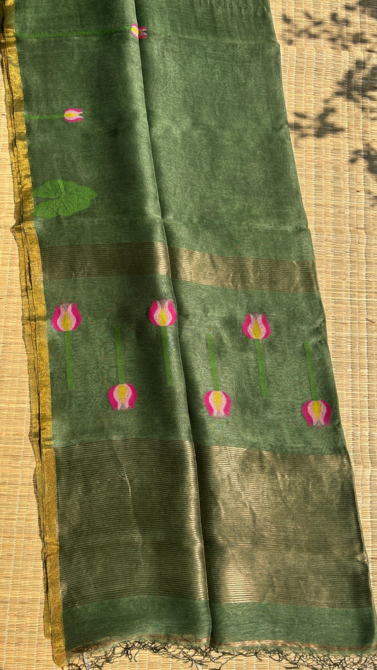 Green silk linen jamdani saree with lotus motifs