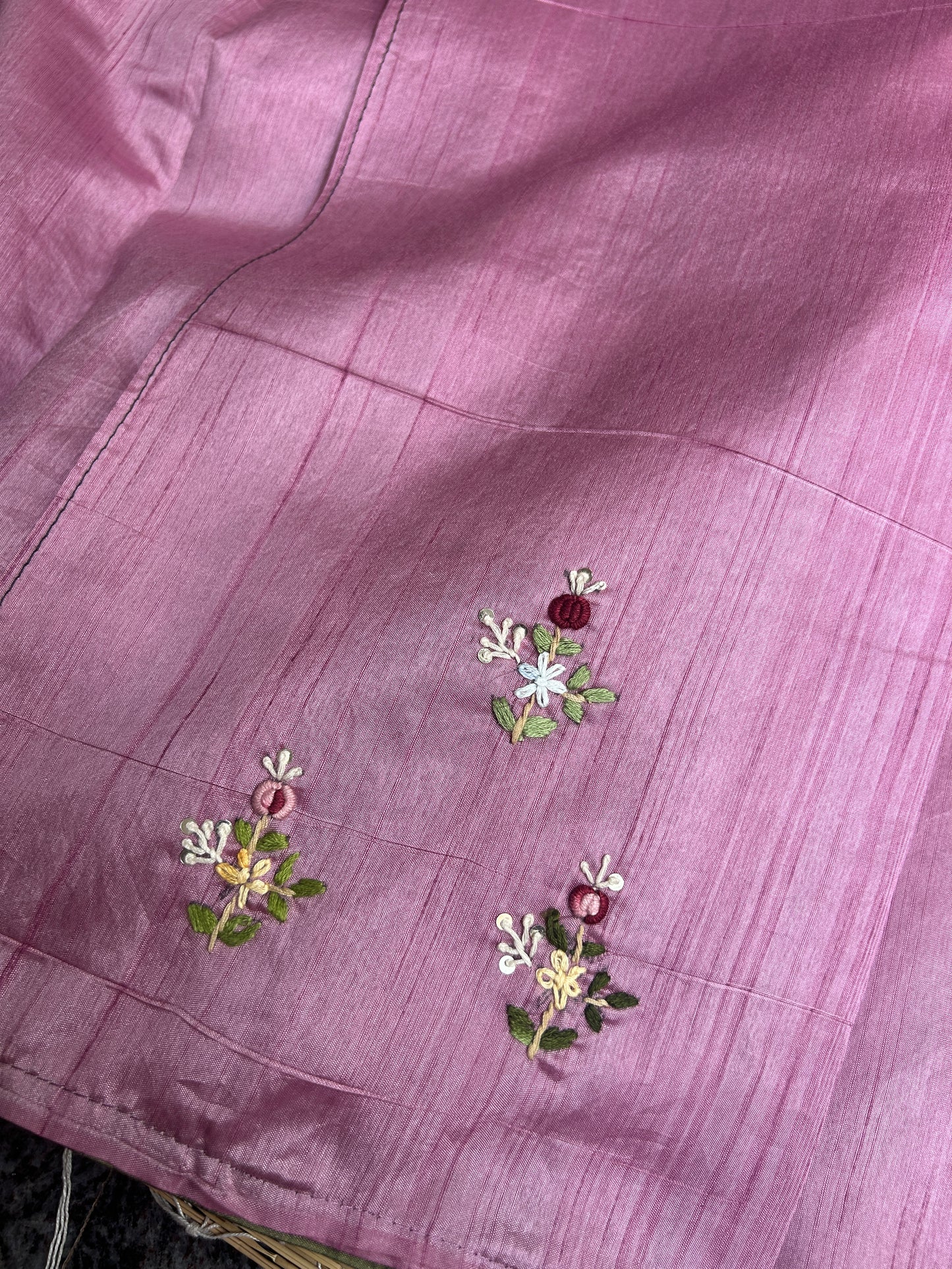 Onion Pink floral soft Tussar saree - hand embroidery