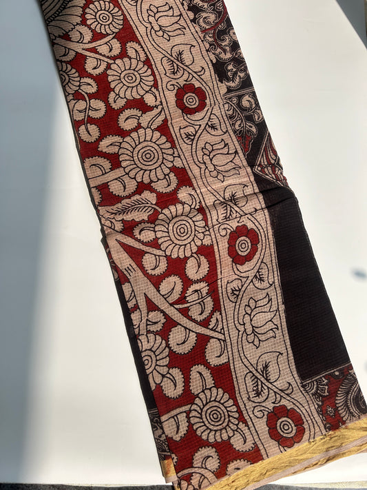 Black and red floral kalamkari kota cotton saree