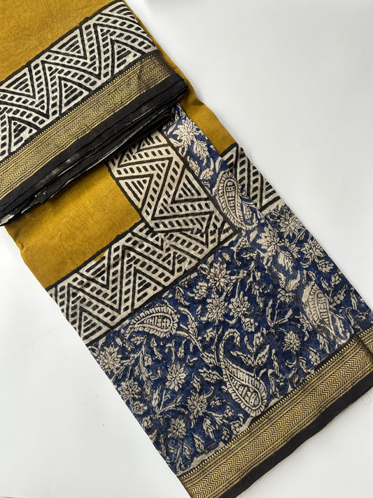 Mustard yellow Maheshwari silk saree