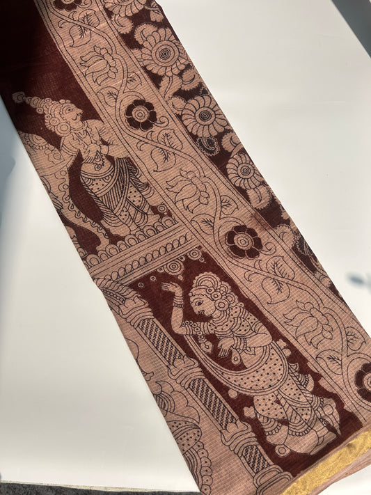 Chocolate brown kalamkari kota cotton saree