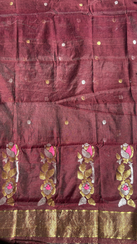 Dark Brown paithani muslin jamdani 2pc set - unstitched