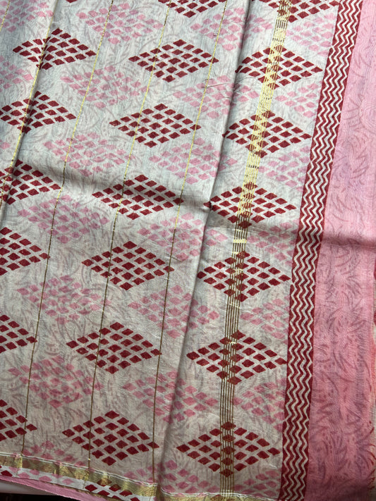 Bubblegum pink Chanderi silk saree with stripes