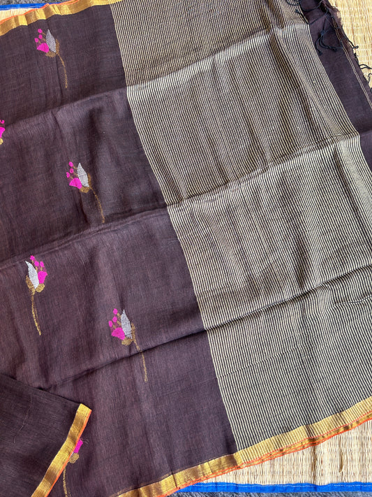 Dark chocolate Brown linen jamdani saree with floral motifs and golden border