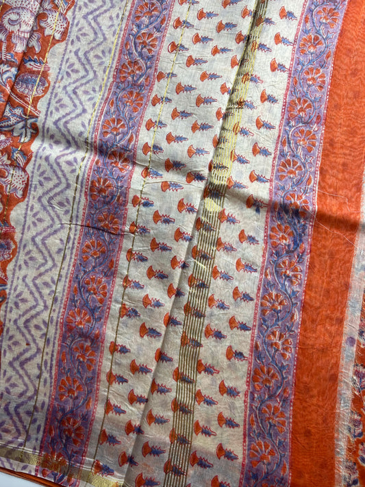 Orange Chanderi silk saree with small florals