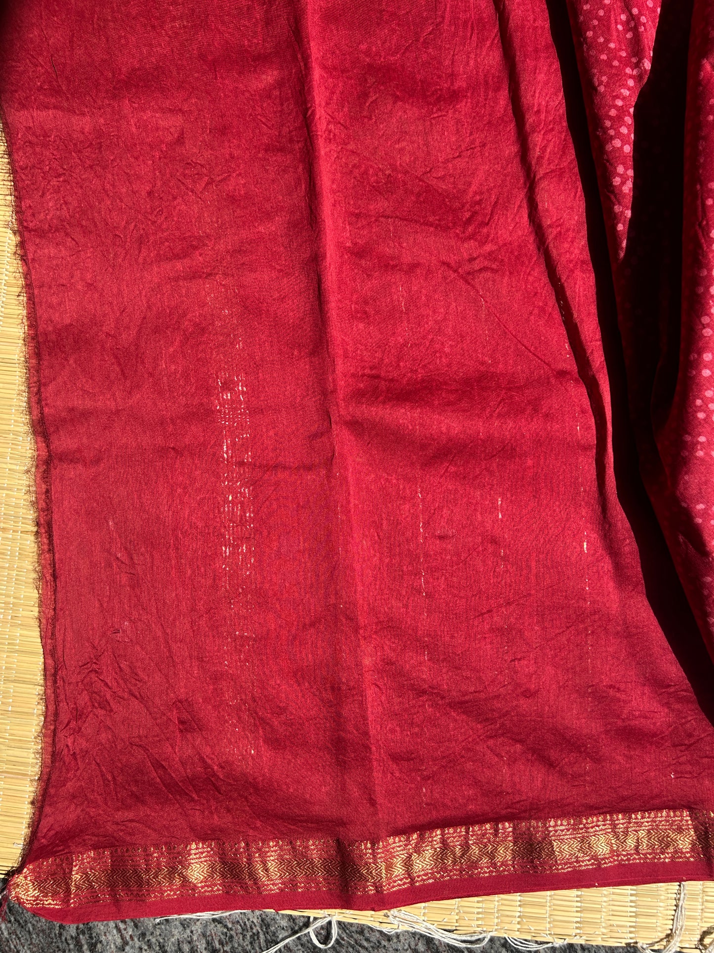 Red Maheshwari silk saree with geometric dots pattern