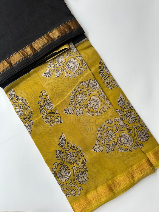 Black & yellow Maheshwari silk saree
