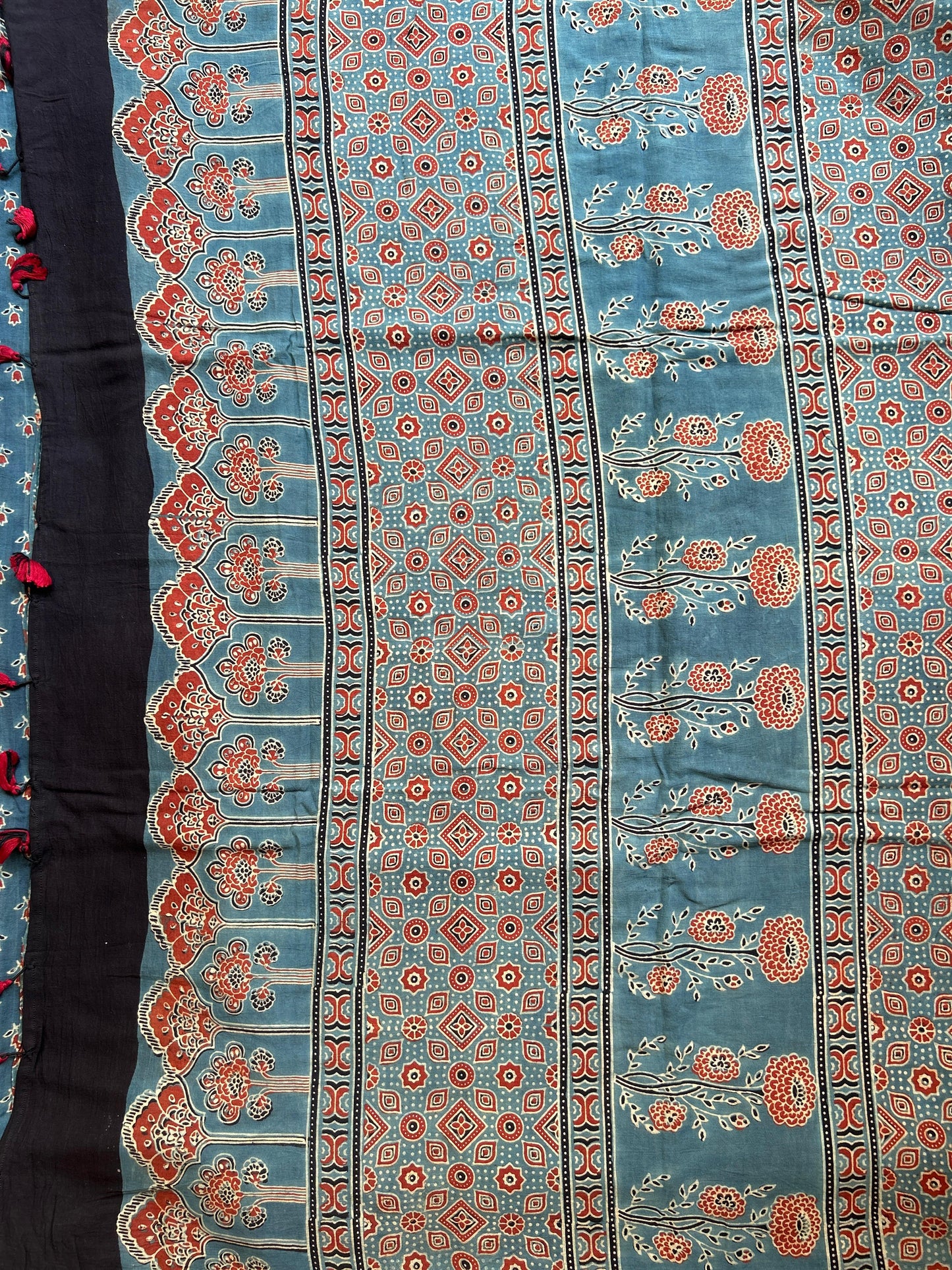 Natural dyed indigo Ajrakh mul cotton saree with rose motifs
