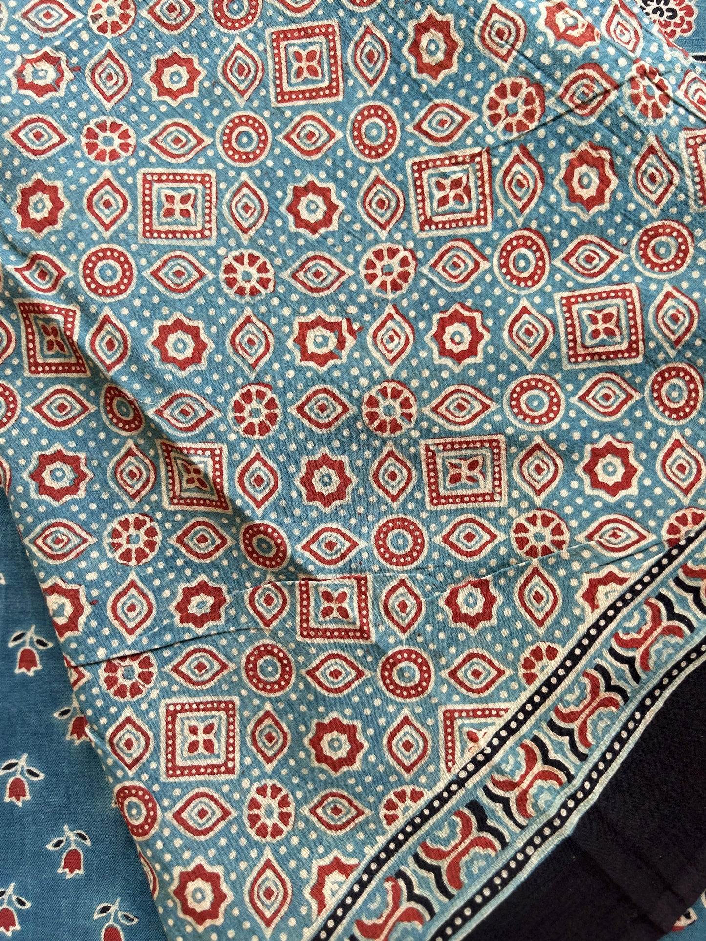 Natural dyed indigo Ajrakh mul cotton saree with rose motifs