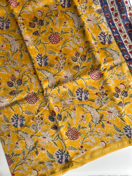 Yellow Chanderi silk saree with floral design