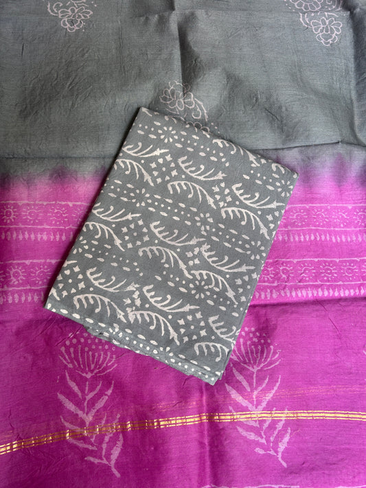 pink and grey Chanderi silk suit set - unstitched