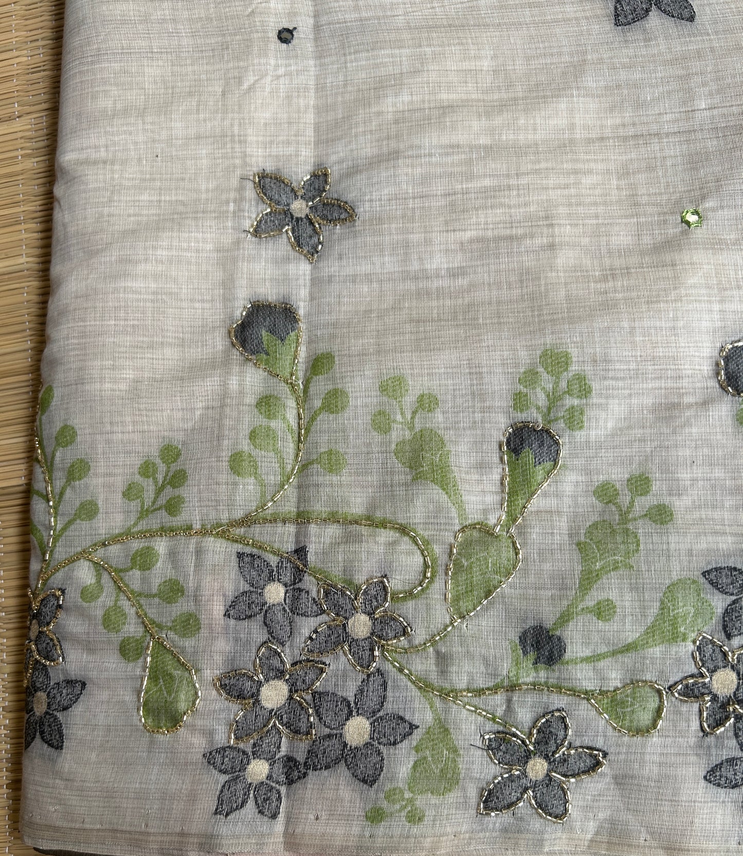 Pure linen chanderi saree with cutdana work & mirror work - hand embroidery - 1