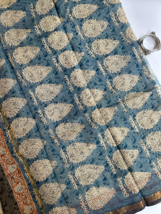 Black and white blockprint kota doria saree