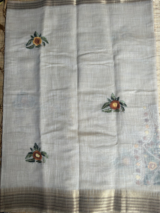 Pure linen chanderi saree with mirror work blouse - hand embroidery - 3