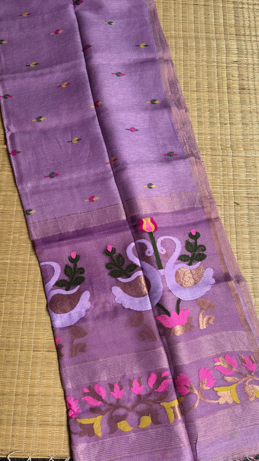 Lavender silk linen jamdani saree with swan motifs - with handloom mark