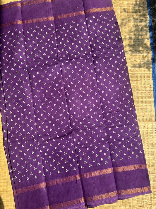 Purple 120 count wax sungudi cotton saree (three dot)