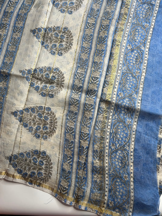 White Chanderi silk saree with blue florals