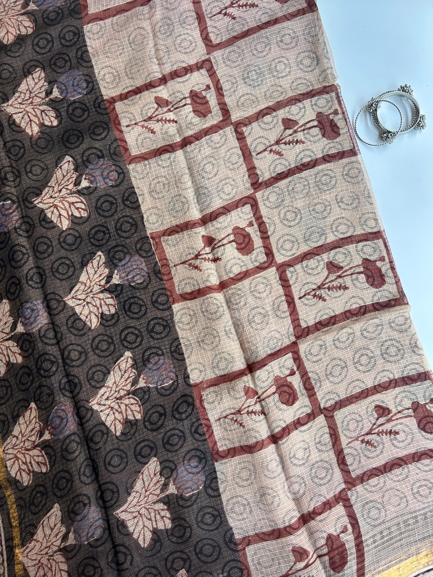 Rosy brown Ajrakh motif kota doria saree