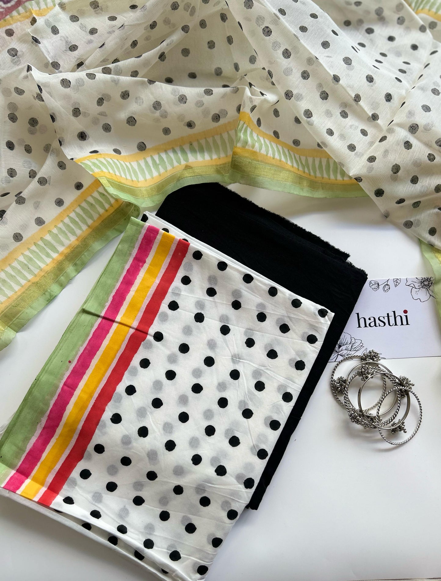 Polka dots Handblock printed Pure Mul Cotton suit with Chanderi Dupatta