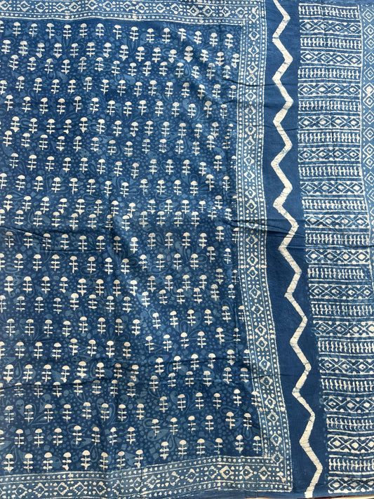 Indigo blockprint mul cotton saree - 1