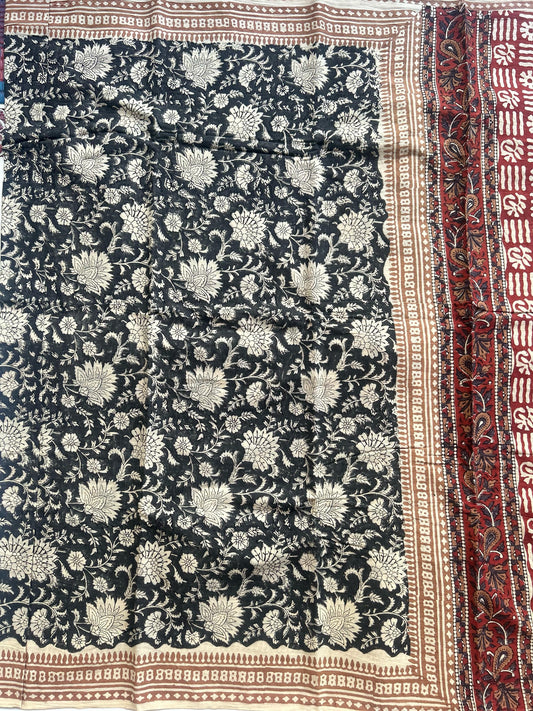 Charcoal black blockprint mul cotton saree