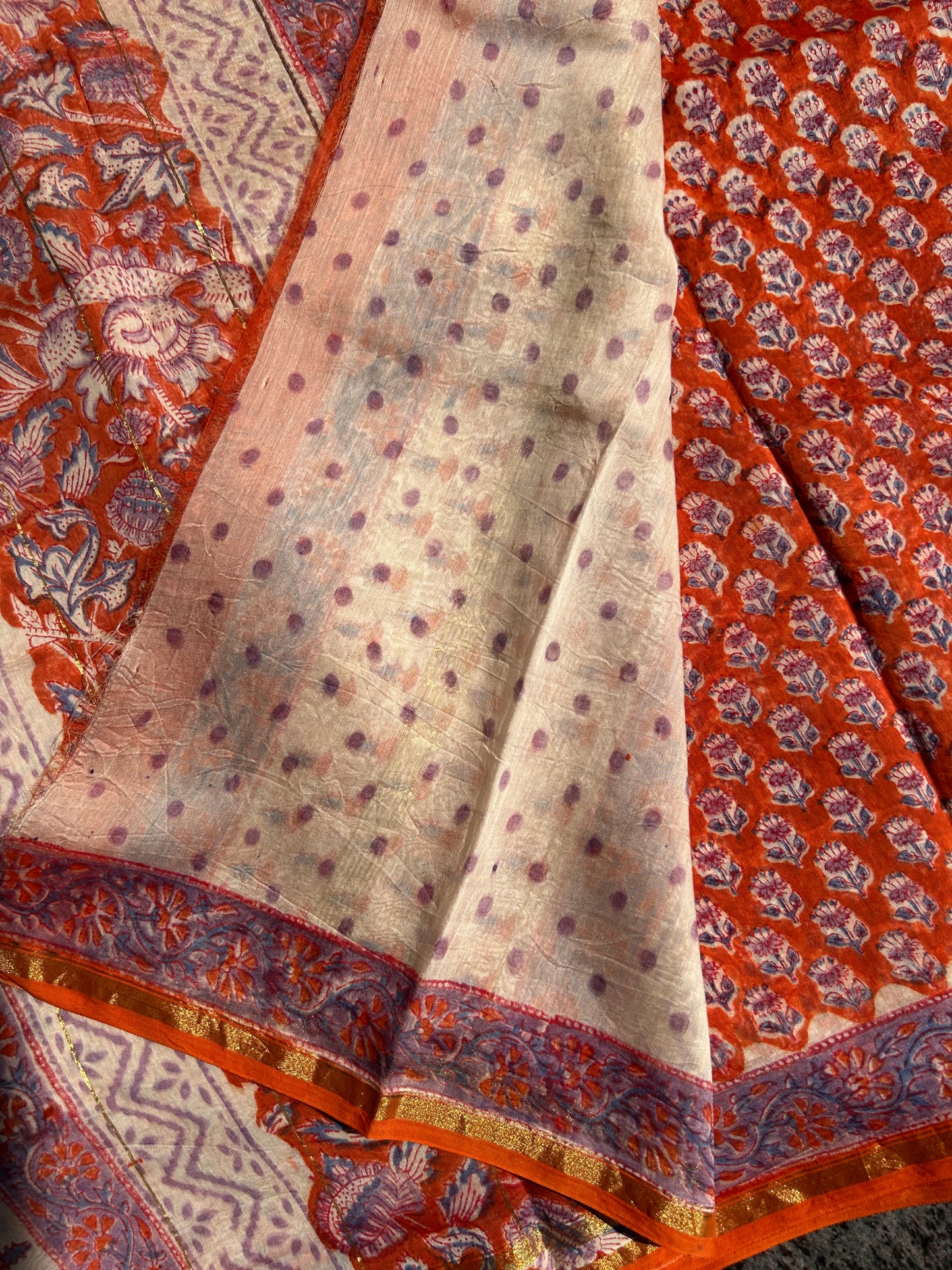 Orange Chanderi silk saree with small florals