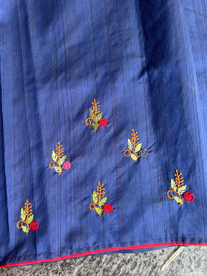 Navy Blue floral soft Tussar saree - hand embroidery