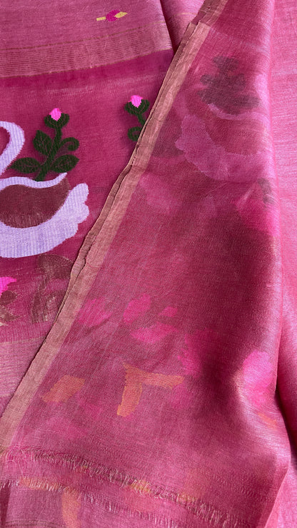 Dark carnation pink silk linen jamdani saree with swan motifs - with handloom mark
