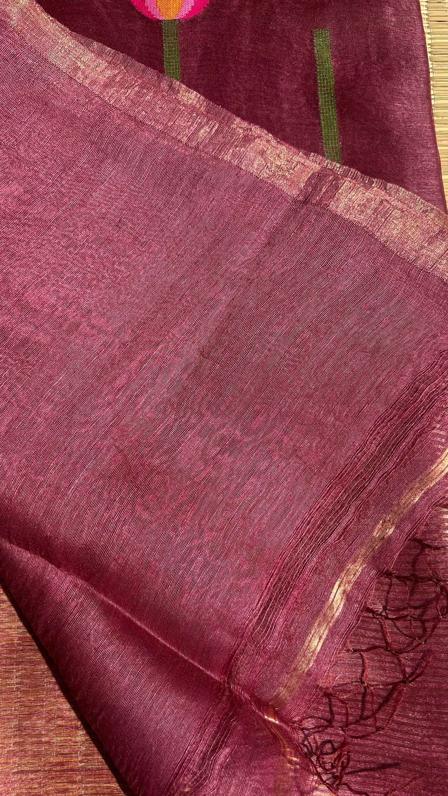 Wine silk linen jamdani saree with lotus motifs