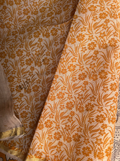 Yellow kalamkari kota cotton saree