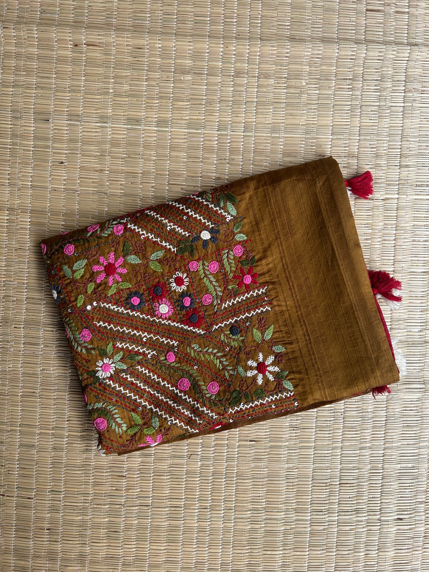 Methi yellow floral soft Tussar saree - hand embroidery