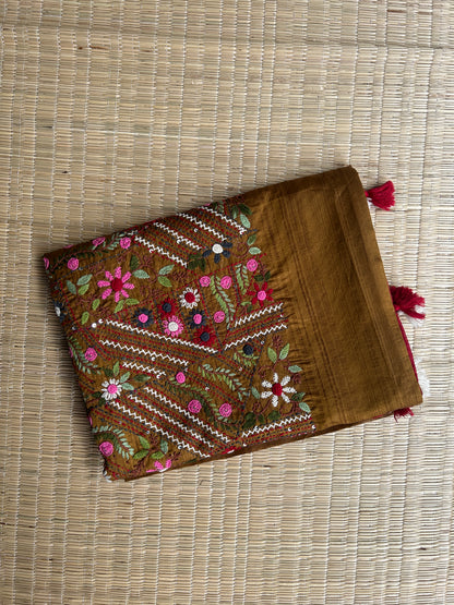 Methi yellow floral soft Tussar saree - hand embroidery