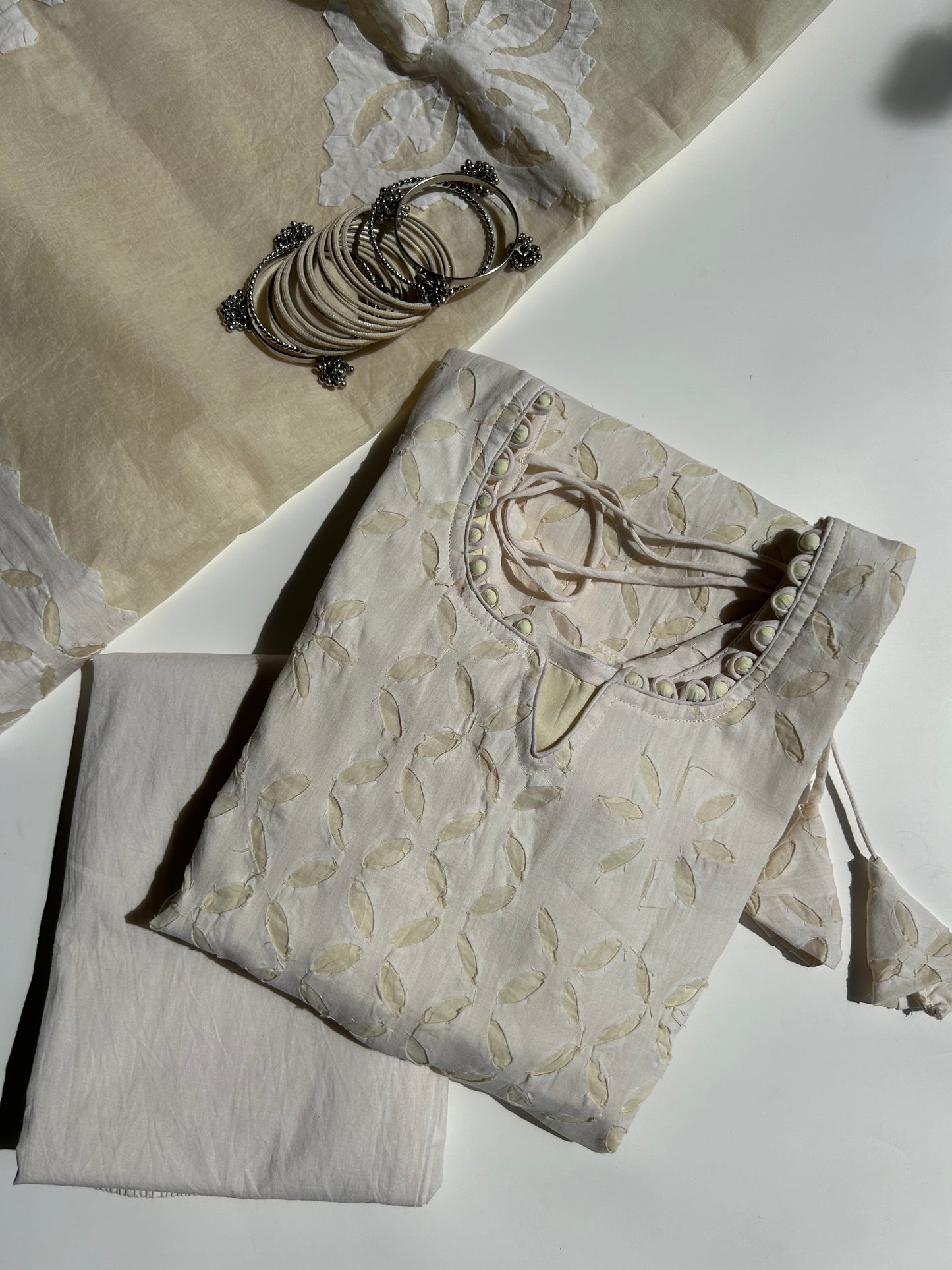 Ivory white handwork Applique suit with Organdy dupatta