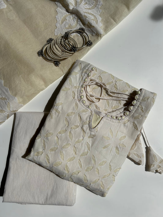 Ivory white handwork Applique suit with Organdy dupatta