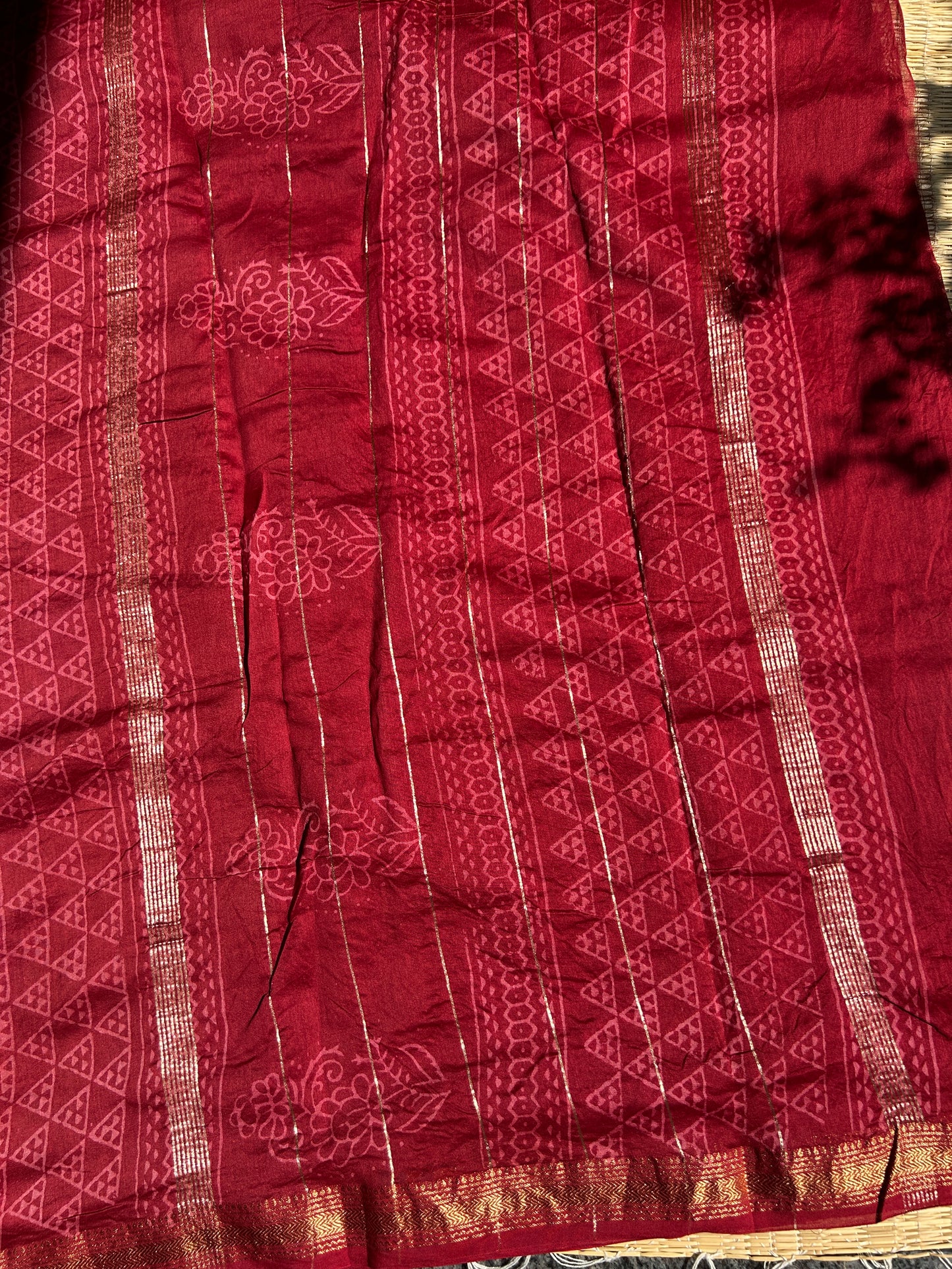 Red Maheshwari silk saree with geometric dots pattern